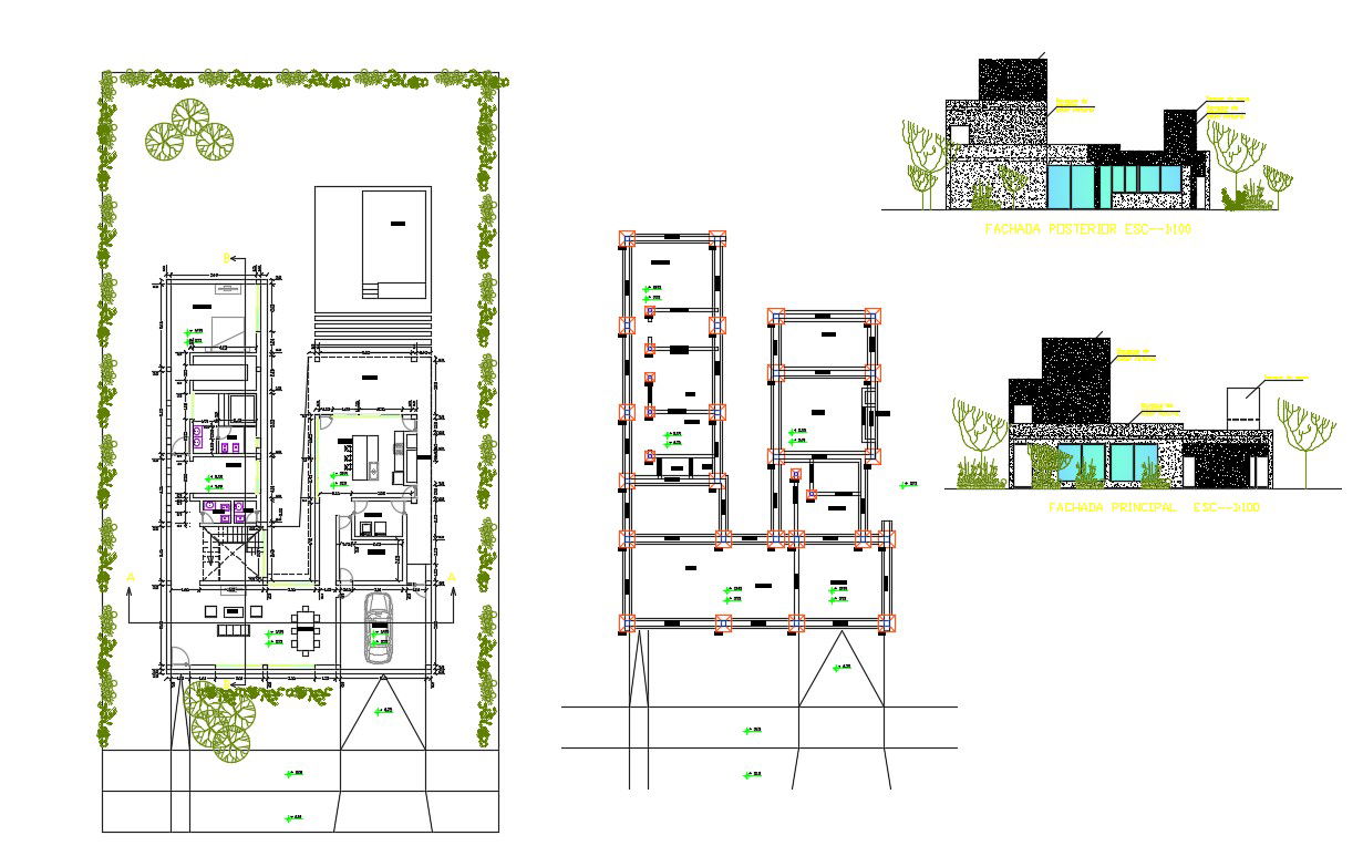 AutoCAD Drawing Huge Bungalow Plan With Two Elevation And Foundation Design CAD File