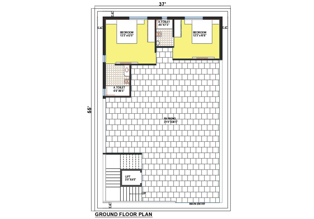 AutoCAD Drawing Of 55'x 37' House Bungalow Ground Floor Plan
