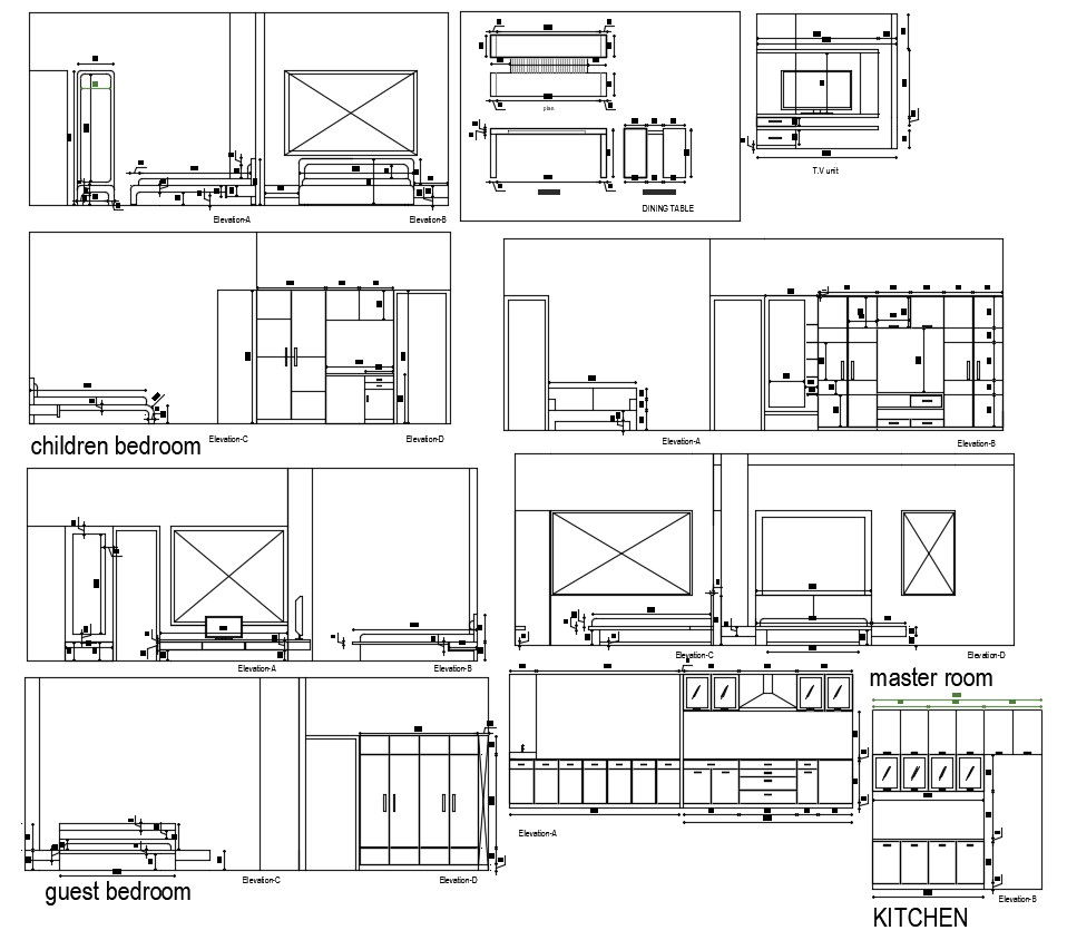 AutoCAD Drawing Of All Bed Rooms And Kitchen Elevation Design DWG File