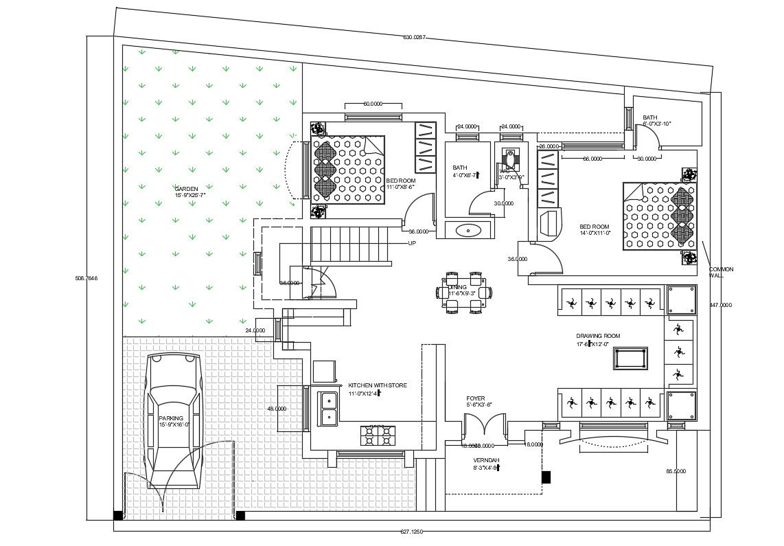 AutoCAD Drawing Of Bungalow Planning With Furniture Layout CAD File