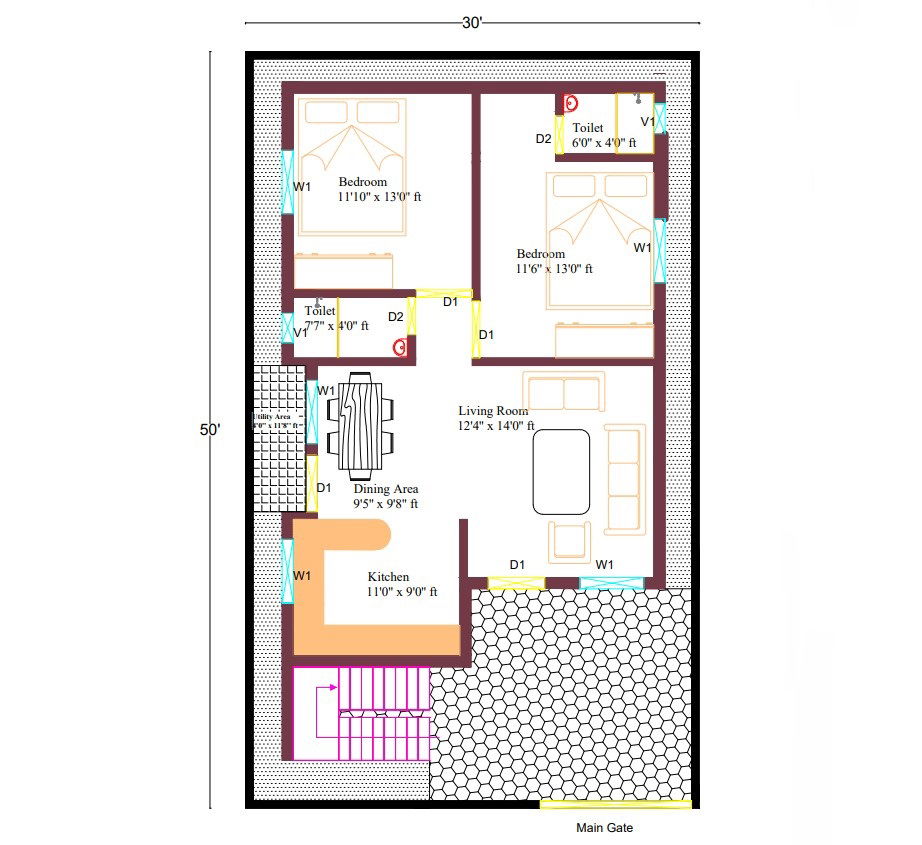 2 BHK House AutoCAD Floor Plan with Furniture Layout and Elevation