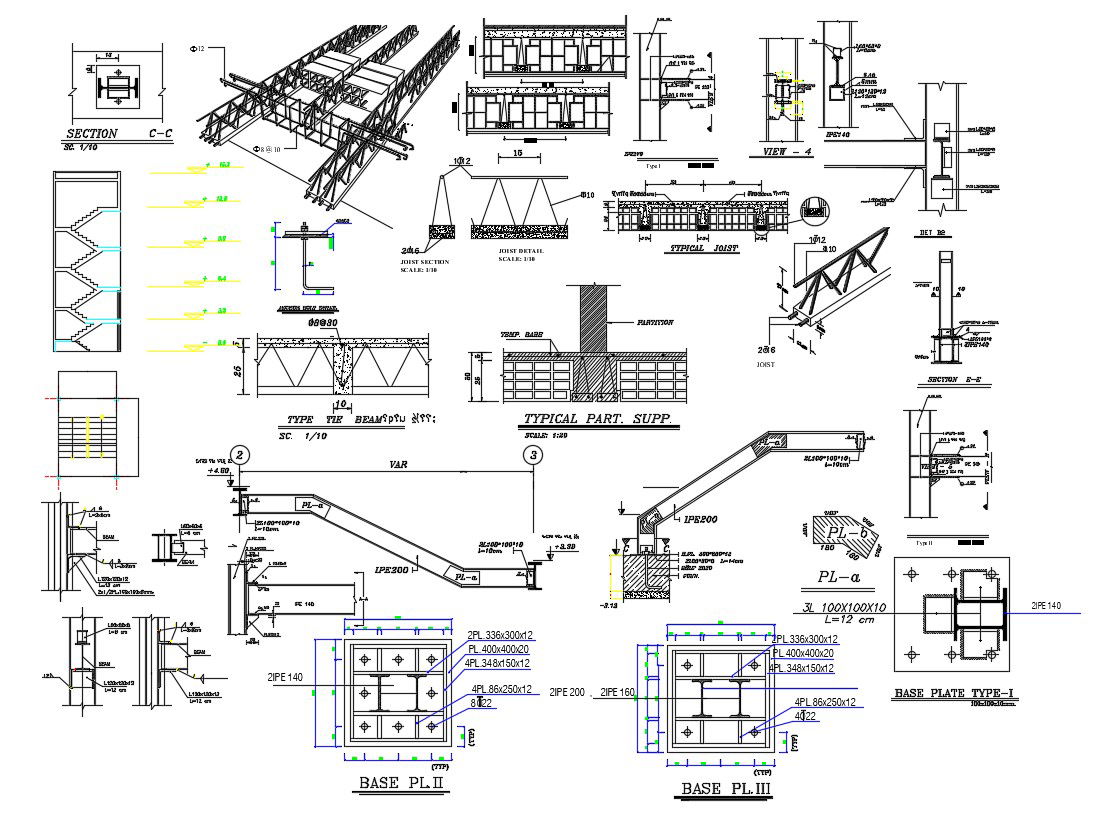 AutoCAD Drawing Structure Truss Stair I section And Framing Design DWG File