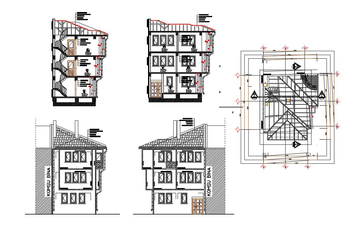 AutoCAD Drawing oF Two Story Bungalow Elevation Section And Roof Plan DWG File