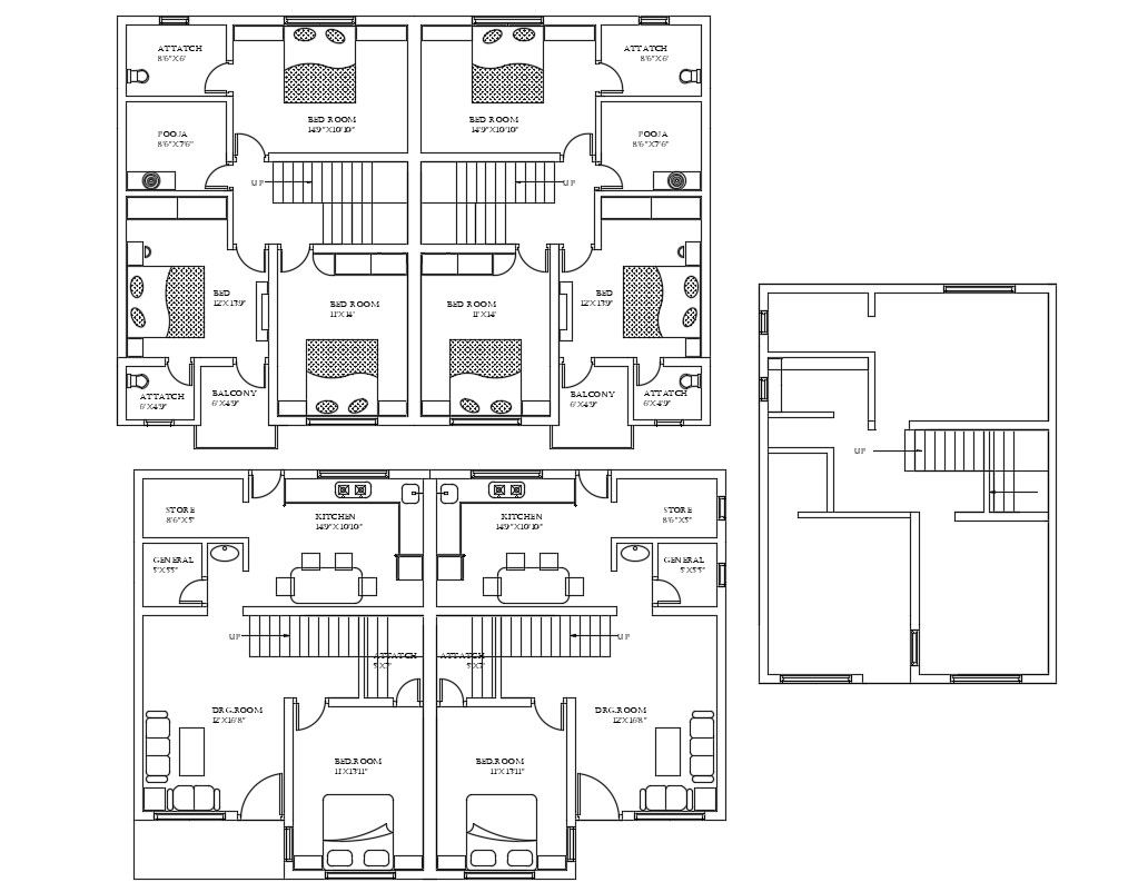 AutoCAD File Twin Bungalow Plan With Furniture Layout DWG Drawing