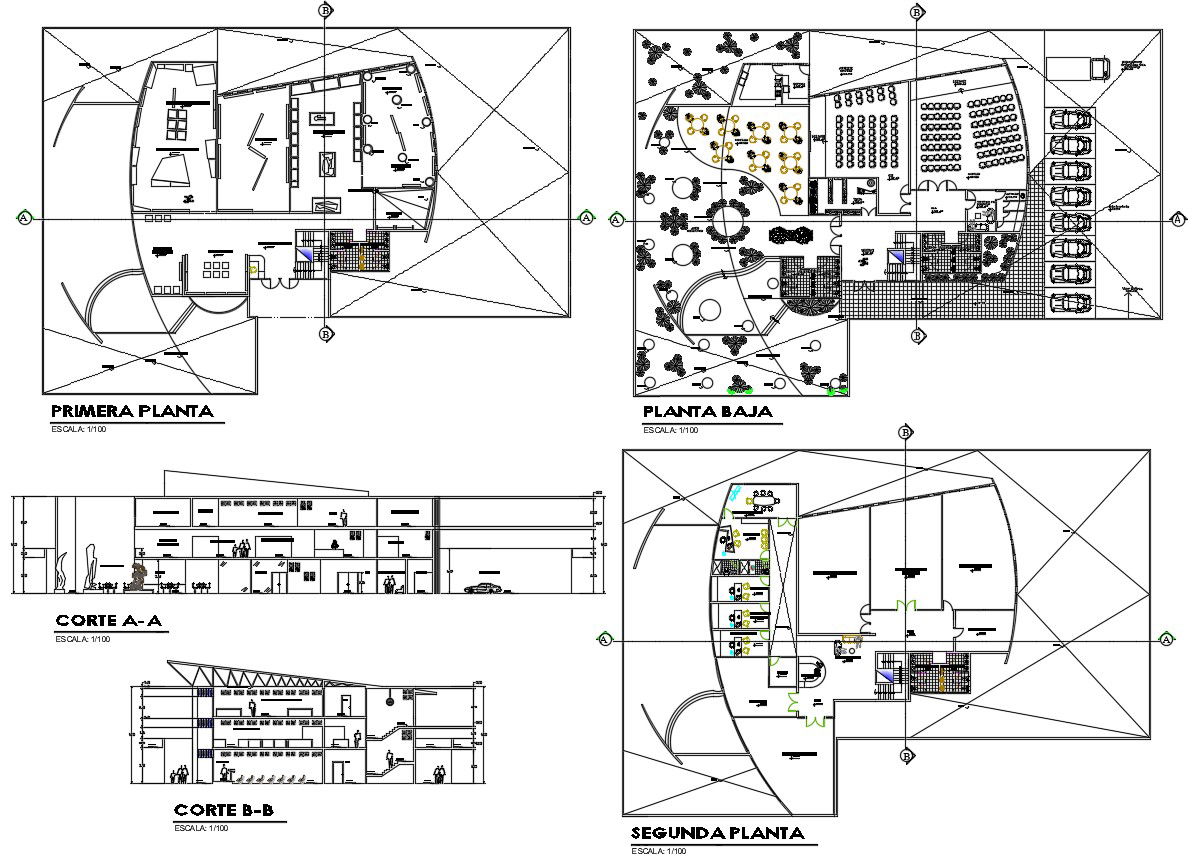 AutoCAD Floor Plans Of Public Building With Elevation And Section CAD File