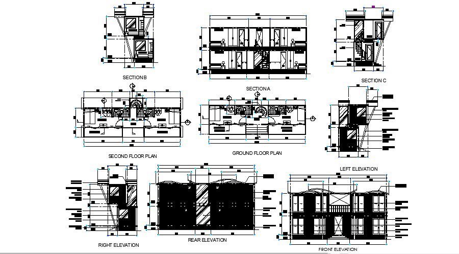 AutoCAD drawing of plan container with elevation and section in dwg file