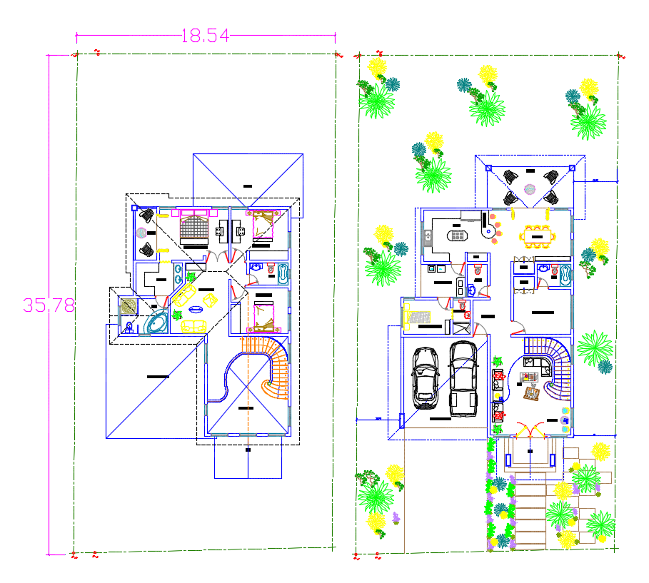 Two-Story AutoCAD House Plan with Dimensions and Layout Details