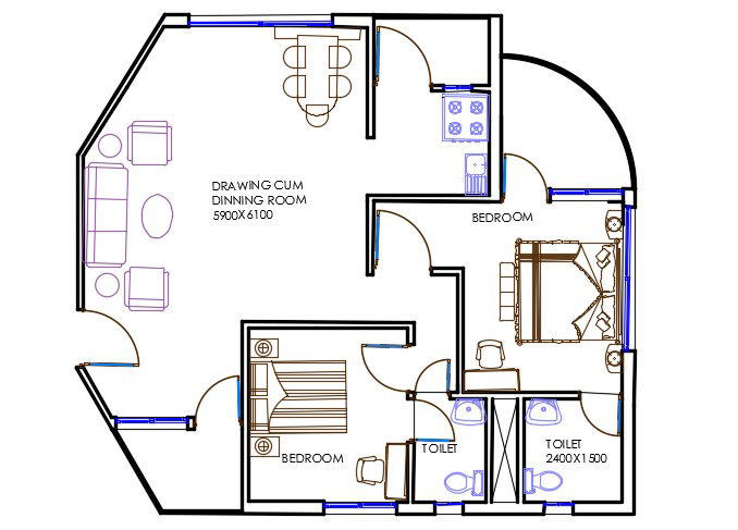 AutoCAD 2 BHK House Plan Drawing With Furniture Layout DWG File