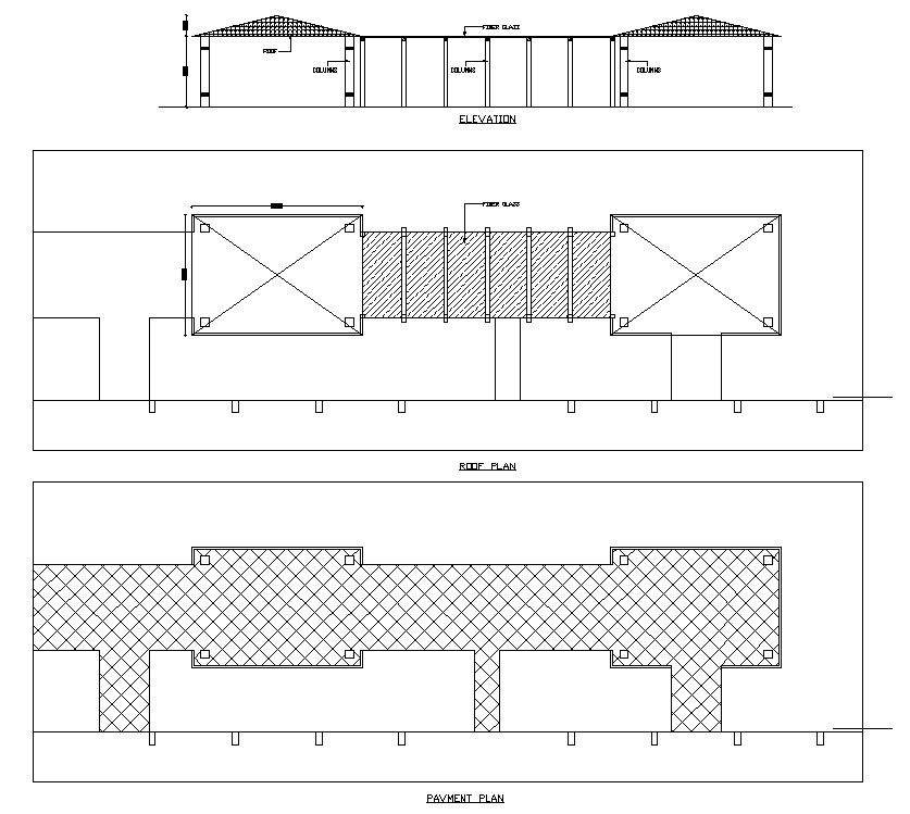 AutoCAD 2D DWG Drawing file Having the details of the Pavement plan, Roof plan, and elevation plan of the Restaurant. Download Autocad DWG drawing file.