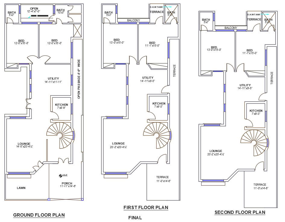 AutoCAD2D DWG Drawing file of 30'X75' two-bedroom G+2 House plan . Download the AutoCAD Drawing file.