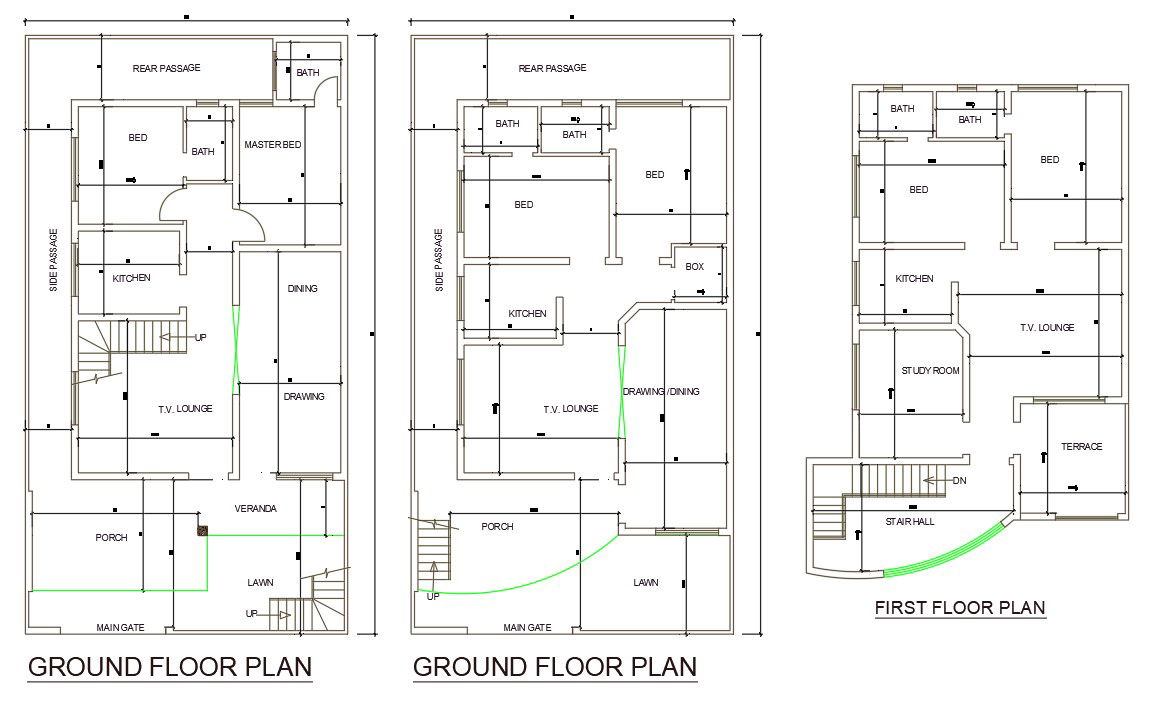 AutoCAD 2D DWG Drawing file of 35'X 65' 2 bedroom G+1 House plan. Download the AutoCAD Drawing file.