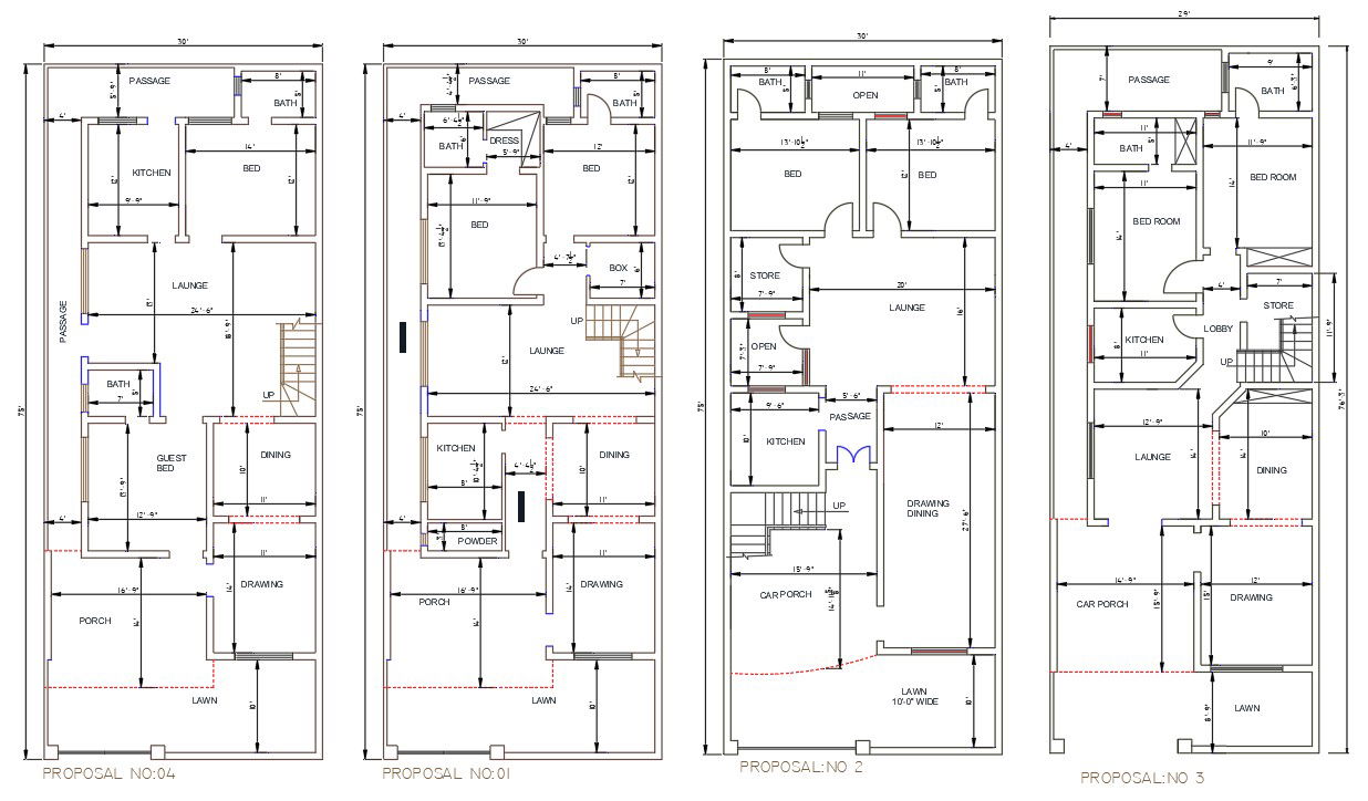 AutoCAD 2D DWG Drawing file shows30'X75' Four various types of 2 BHK House plan ,Download the AutoCAD Drawing file.