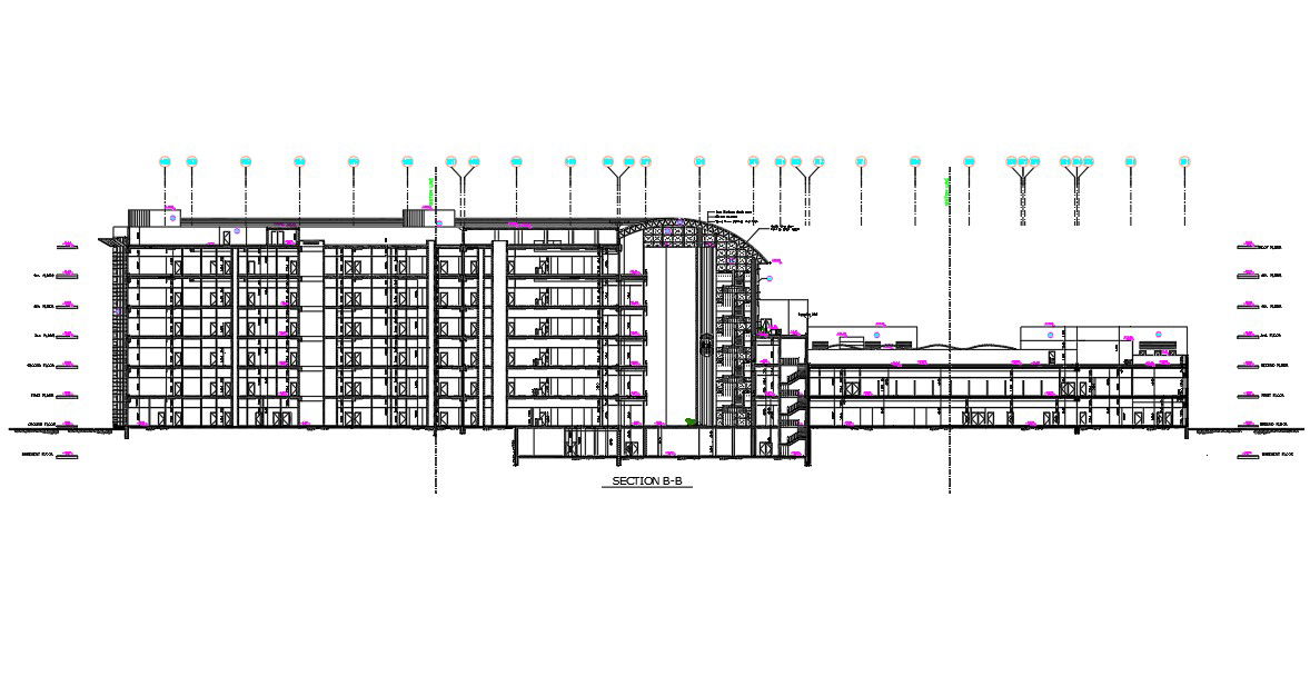AutoCAD 2D DWG file having the partial Section and elevation details of the G+6 Office building with a truss roof. Download now.