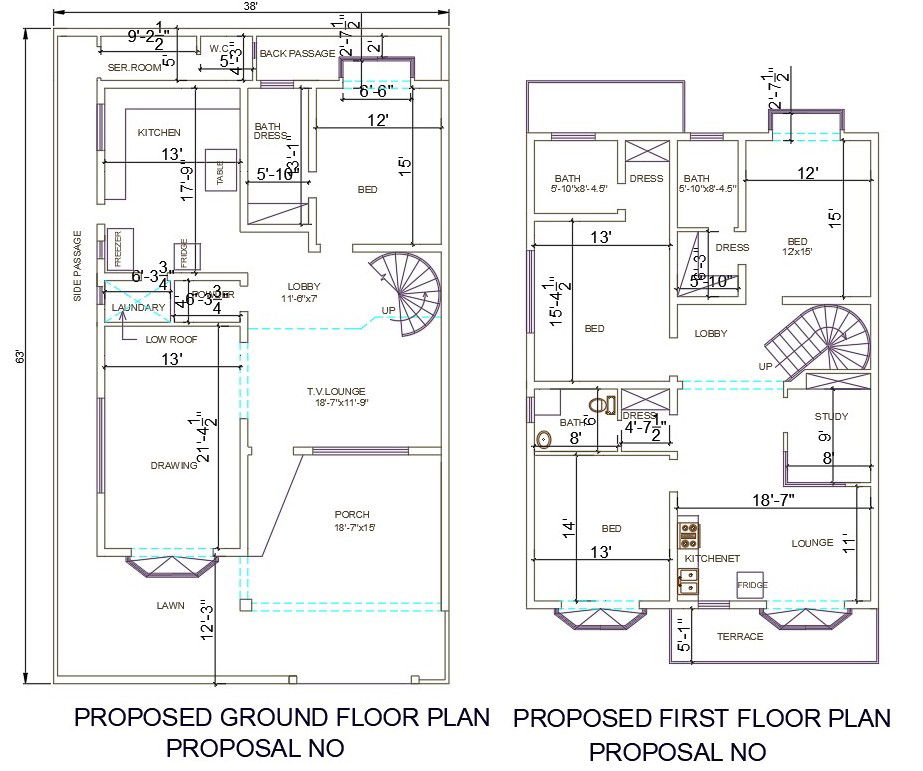 AutoCAD 2D DWG file of 38'X63' 2BHK G+1 House plan layout,Download the AutoCAD Drawing file.