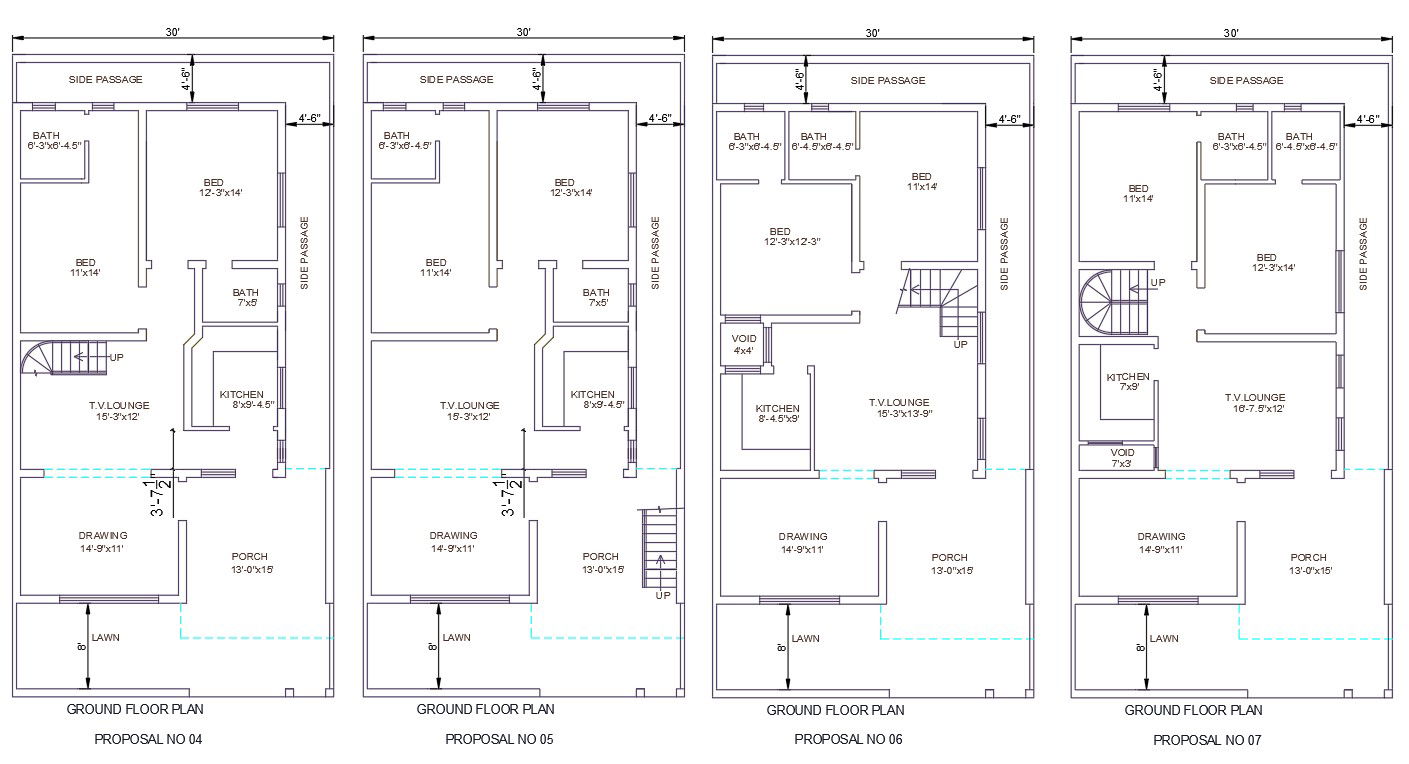 AutoCAD 2D DWG file shows30'X60' Four Different types of 2BHK House plan AutoCAD DWG file.