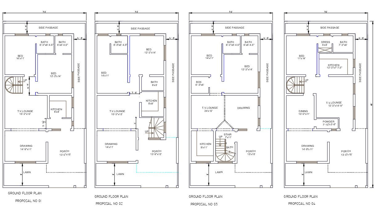 AutoCAD 2D Drawing DWG file shows30'X60' Four various types of single BHK House plan,Download the AutoCAD Drawing file.