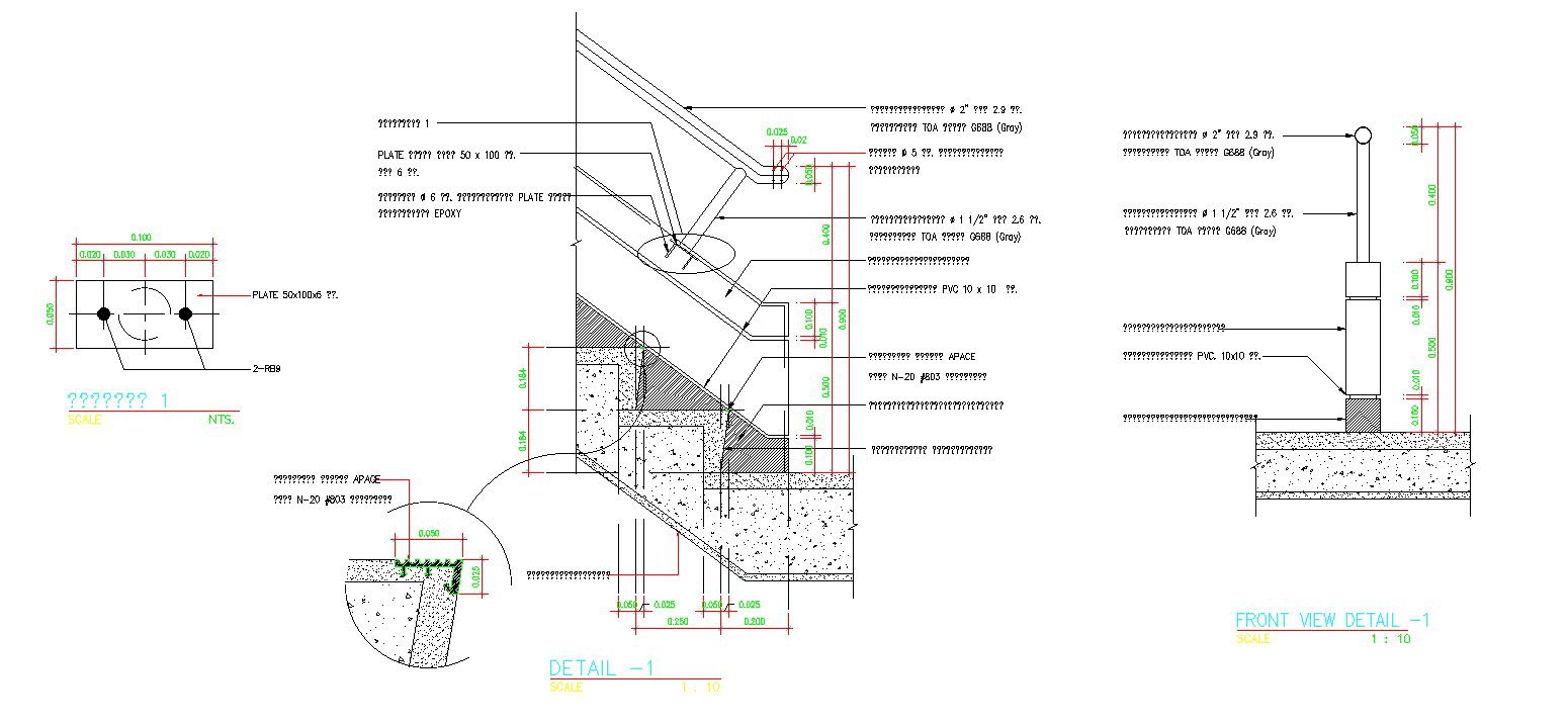 AutoCAD 2D Drawing details of the staircase cut section details with the landing and front view details are given in this drawing file. Download the AutoCAD file now.