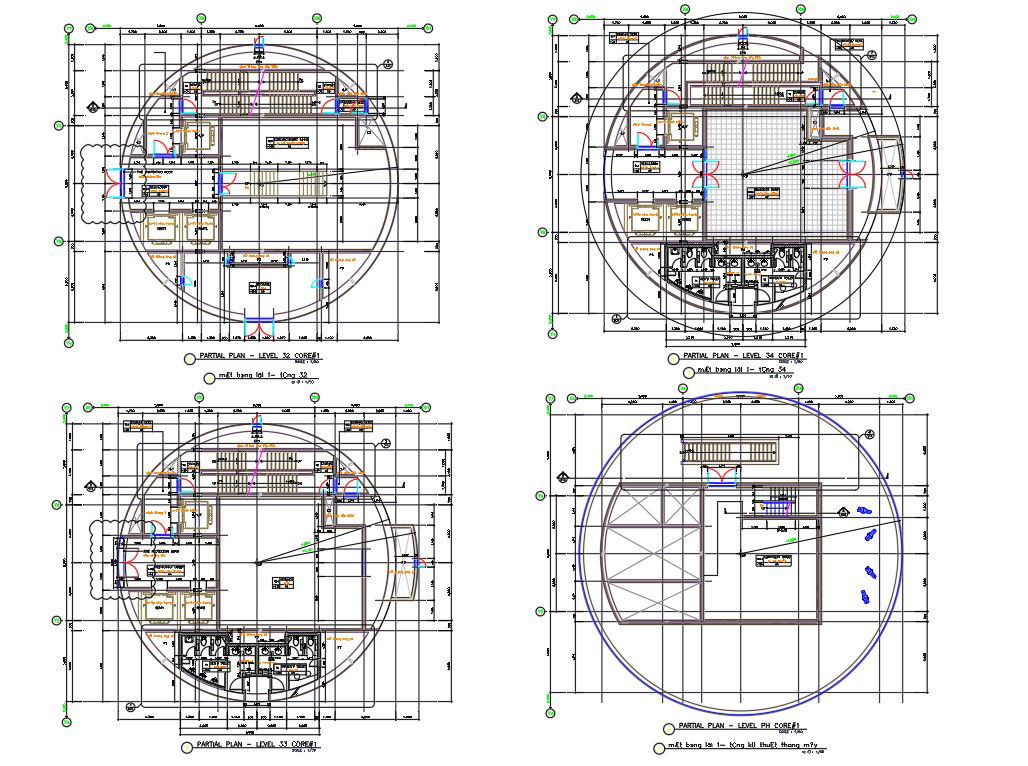 AutoCAD 2DDrawing file having the details of the core partial plan of the round building,Download the DWG file. 