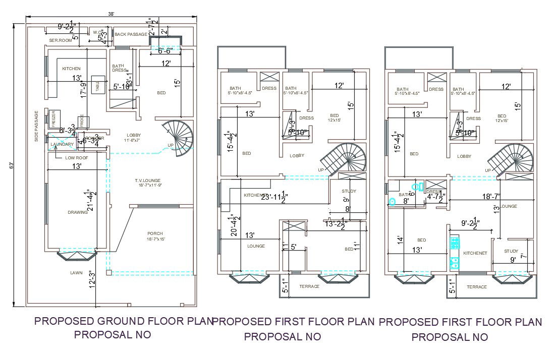 AutoCAD 2D Drawing file of 38'X63' 2BHK G+1 Proposed House plan layout.Download the AutoCAD Drawing file.