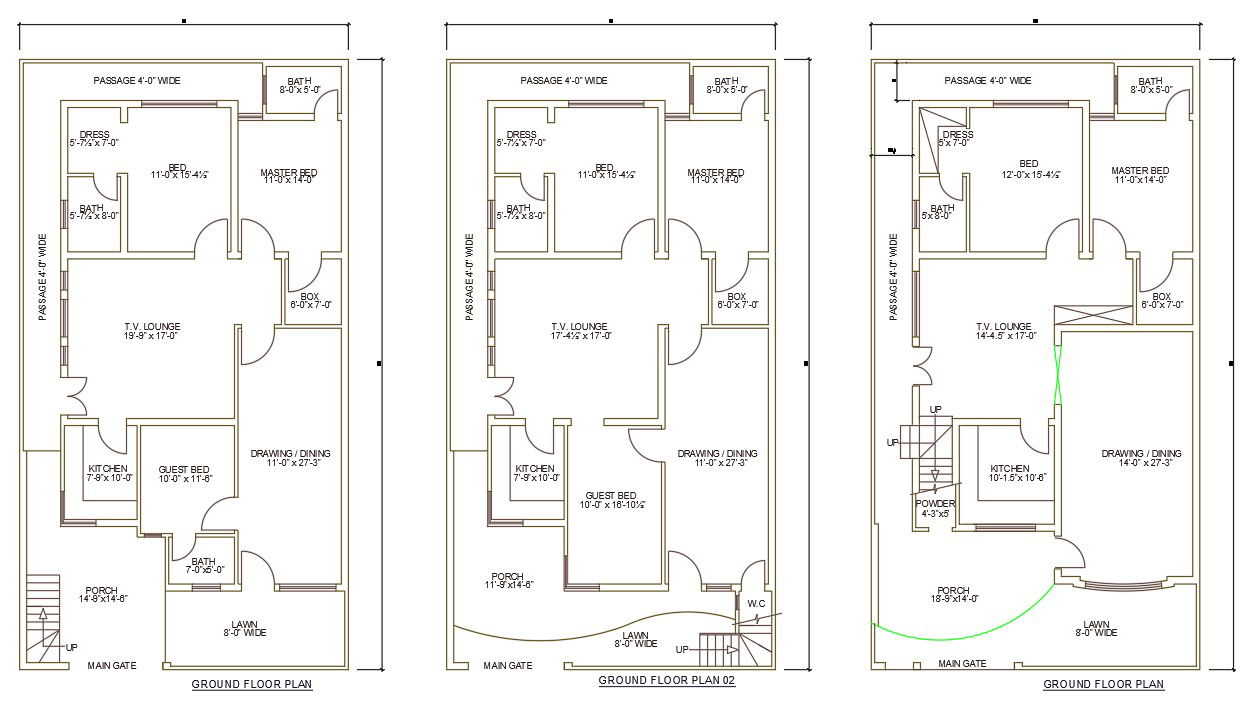 AutoCAD 2D Drawing file shows3 types of 35'X65' two BHK House plan AutoCAD DWG files.Download the AutoCAD Drawing file.