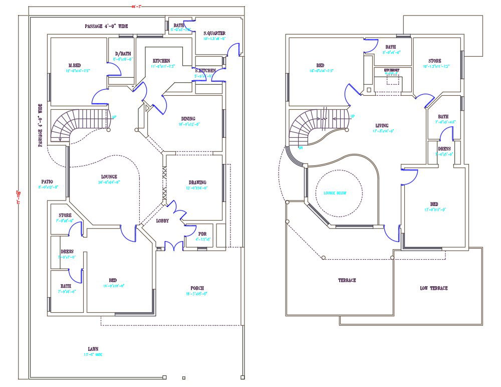 AutoCAD 2D Drawing file shows 46'X77' G+1 House plan 2D DWG file. Download the AutoCAD Drawing file.