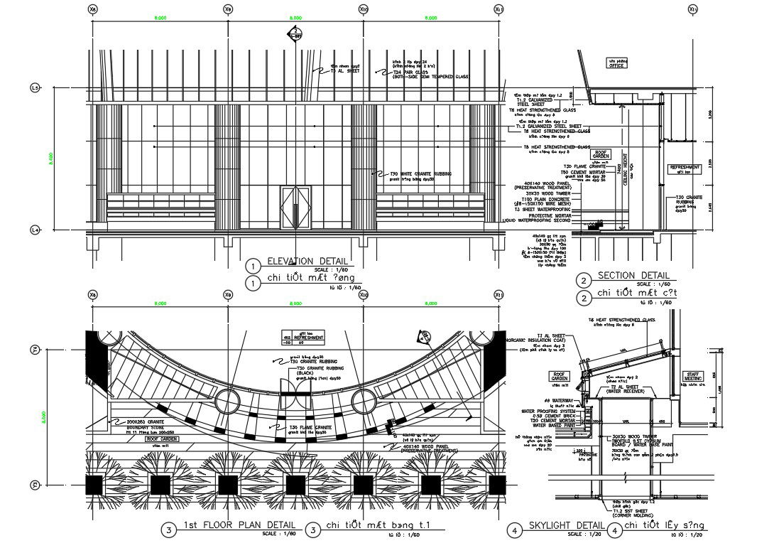 AutoCAD 2D Drawing file shows the skylight detail, Section and elevation details of the office building, Download the AutoCAD DWG file.
