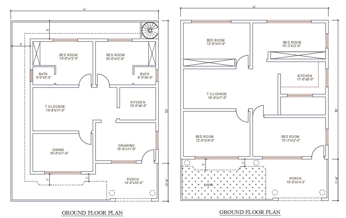AutoCAD 2D Drawing file shows two types of 41'X50' two BHK House plan AutoCAD DWG files.Download the AutoCAD Drawing file.