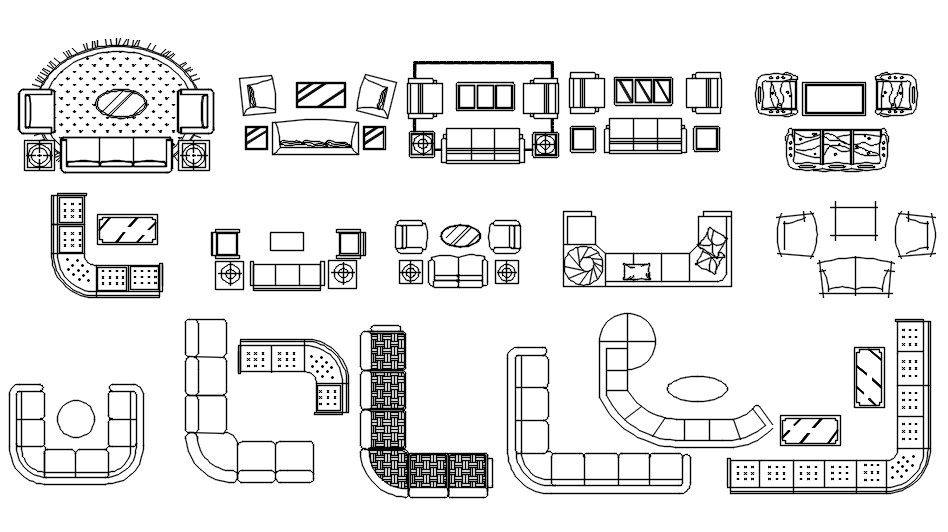 2D Blocks of Sofa Sets in Different Shapes 2D AutoCAD DWG File