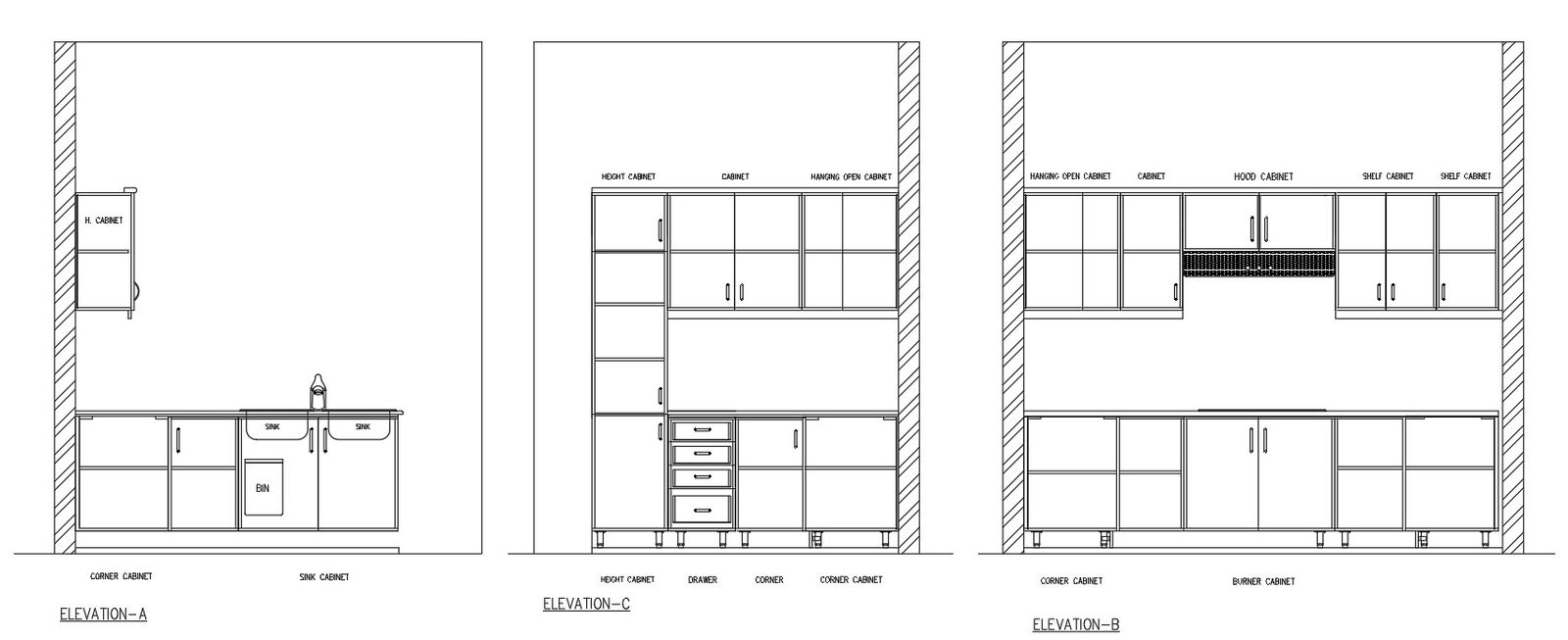 AutoCAD 2D blocks of kitchen cabinets elevation, dwg file, CAD file