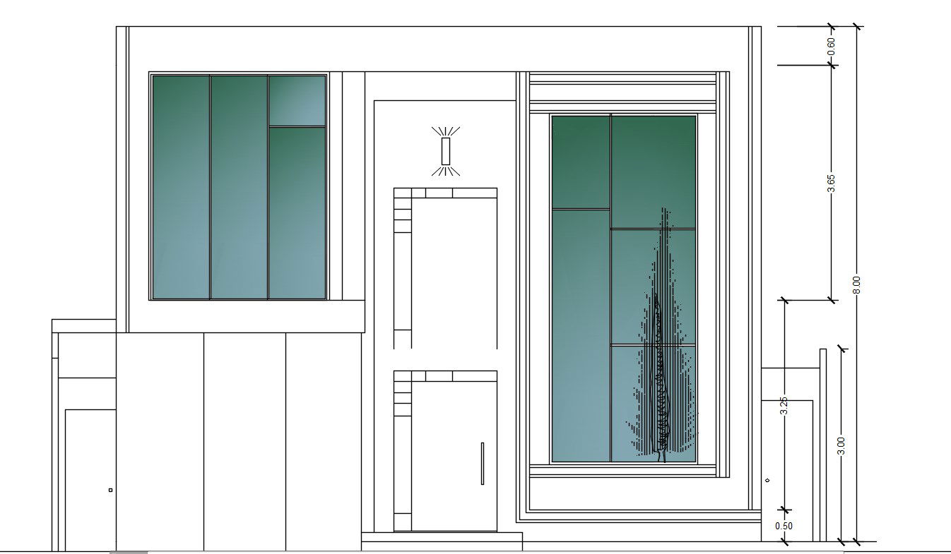 Front elevation house design in AutoCAD 2D with dimension