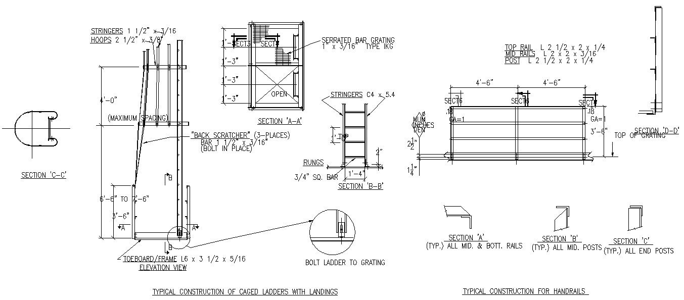AutoCAD 2D drawing files having the detail of Elevation and partial section plan of Ladder and Handrails 2d drawings. Download the DWG file.