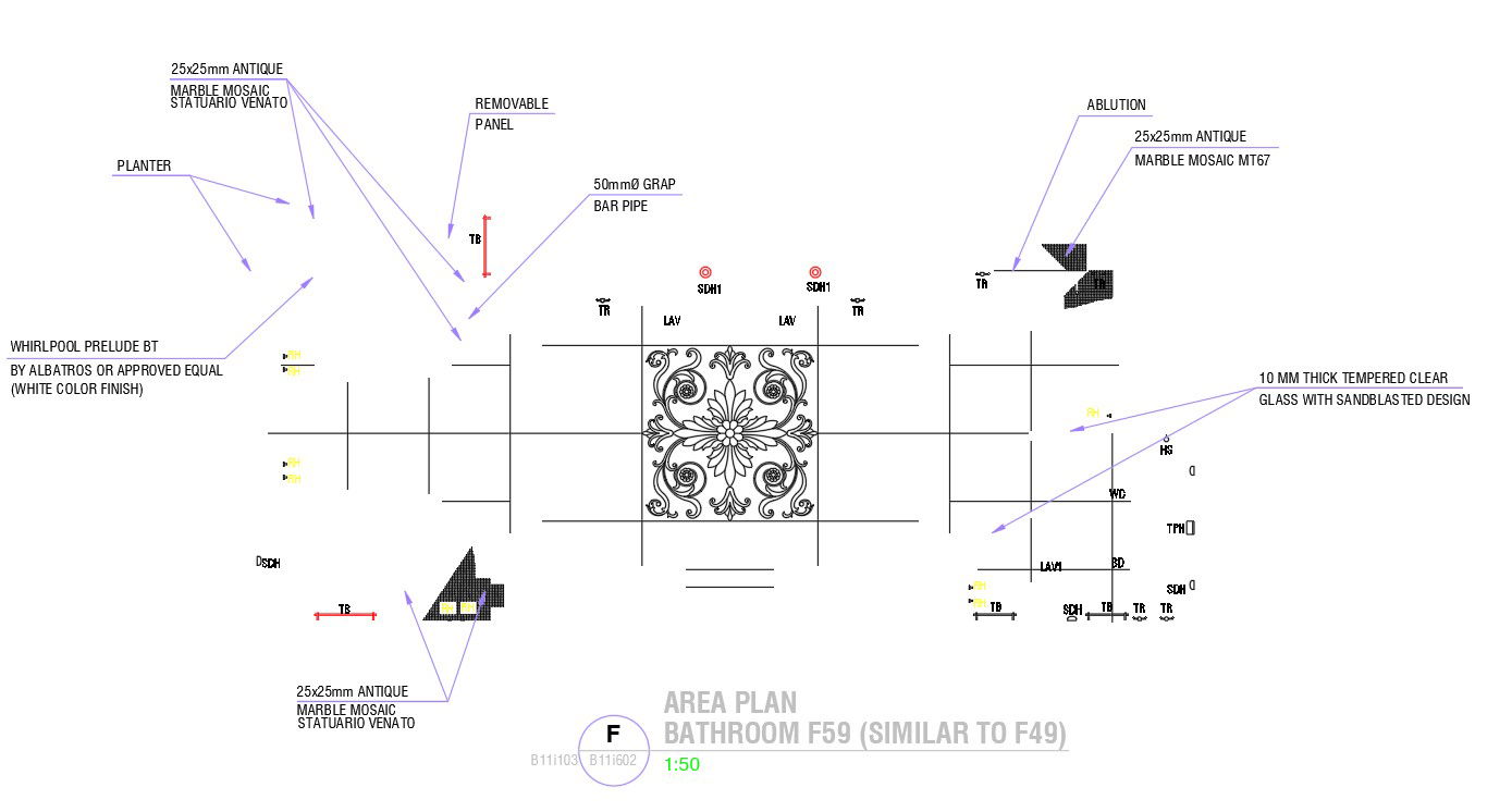 AutoCAD 2D drawing of area plan of bathroom, dwg file, CAD file