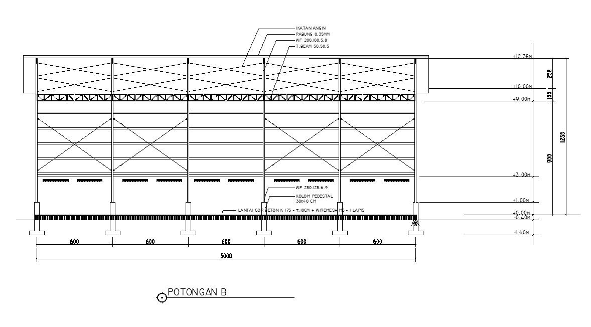 AutoCAD 2D drawing of cross section B of the factory with dimensions and details, CAD file, dwg file