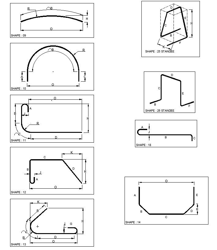 AutoCAD 2D drawing of different shapes of reinforcement, CAD file, dwg file