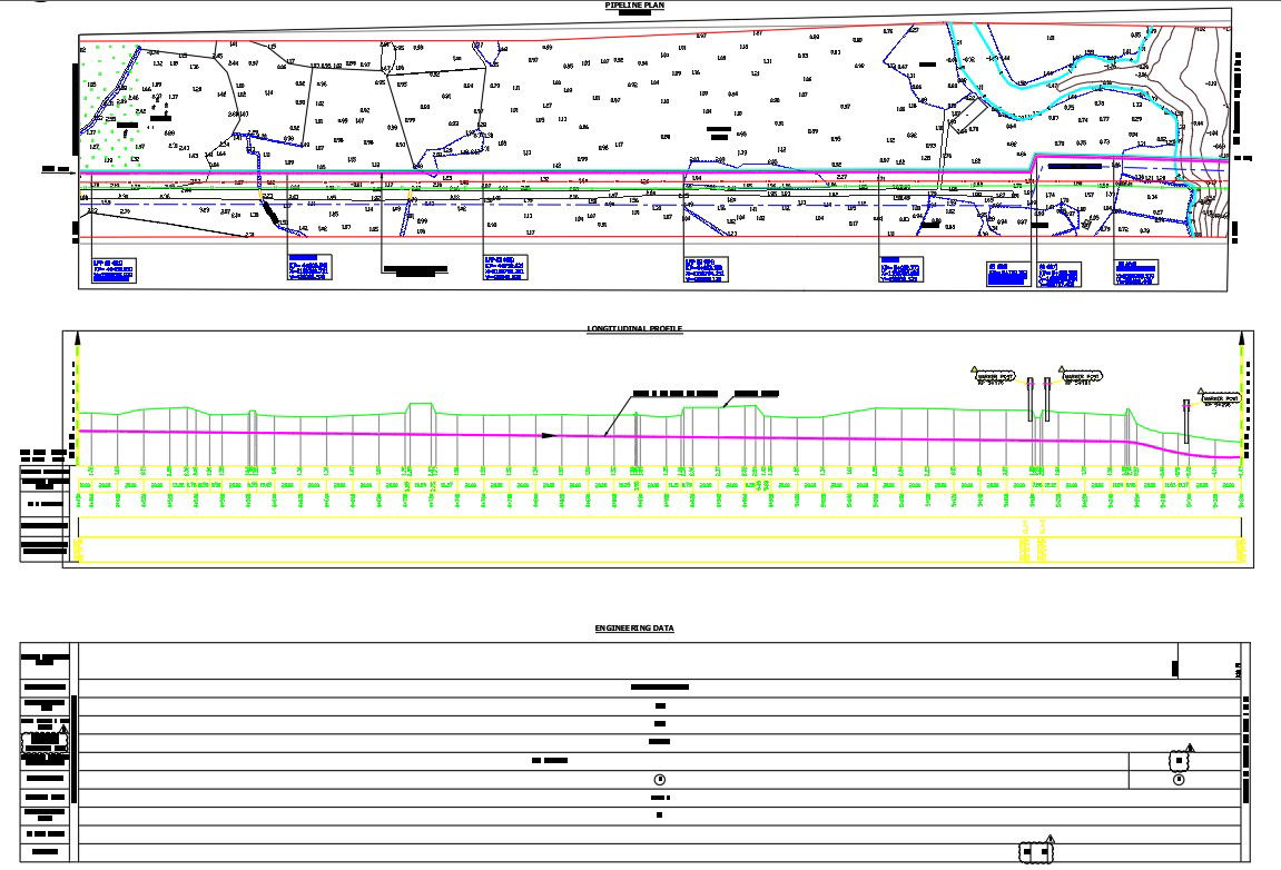 AutoCAD 2D drawing of pipeline plan, CAD file, dwg file