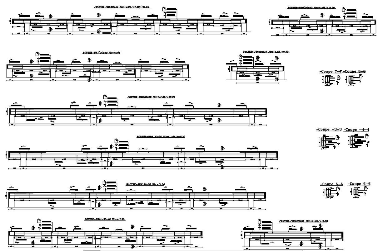 AutoCAD 2D drawing of reinforcement beams with details, CAD file, dwg file