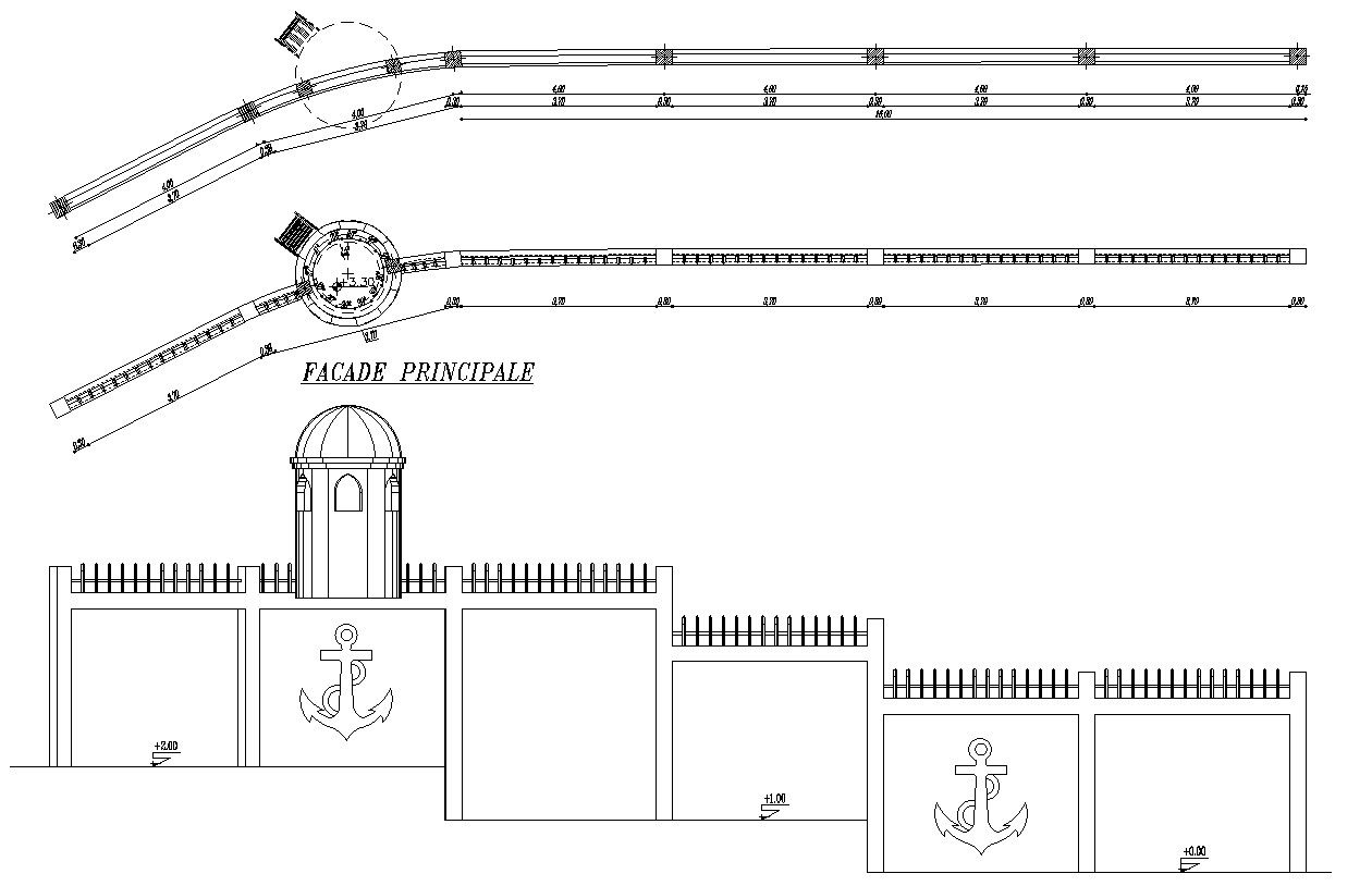 AutoCAD 2D drawing of section and elevation of the boundary wall with gatehouse details, CAD file, dwg file