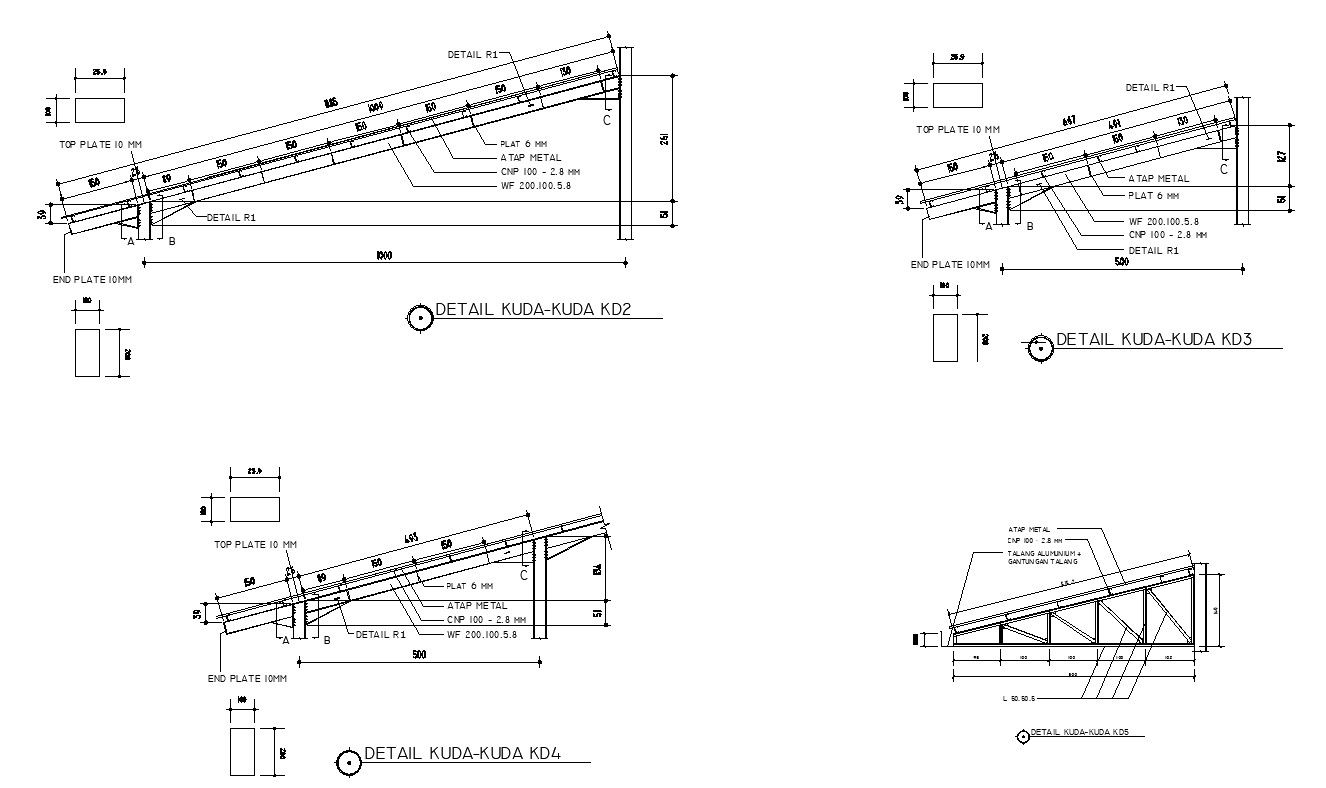 AutoCAD 2D drawing of truss structure in detail, CAD file, dwg file