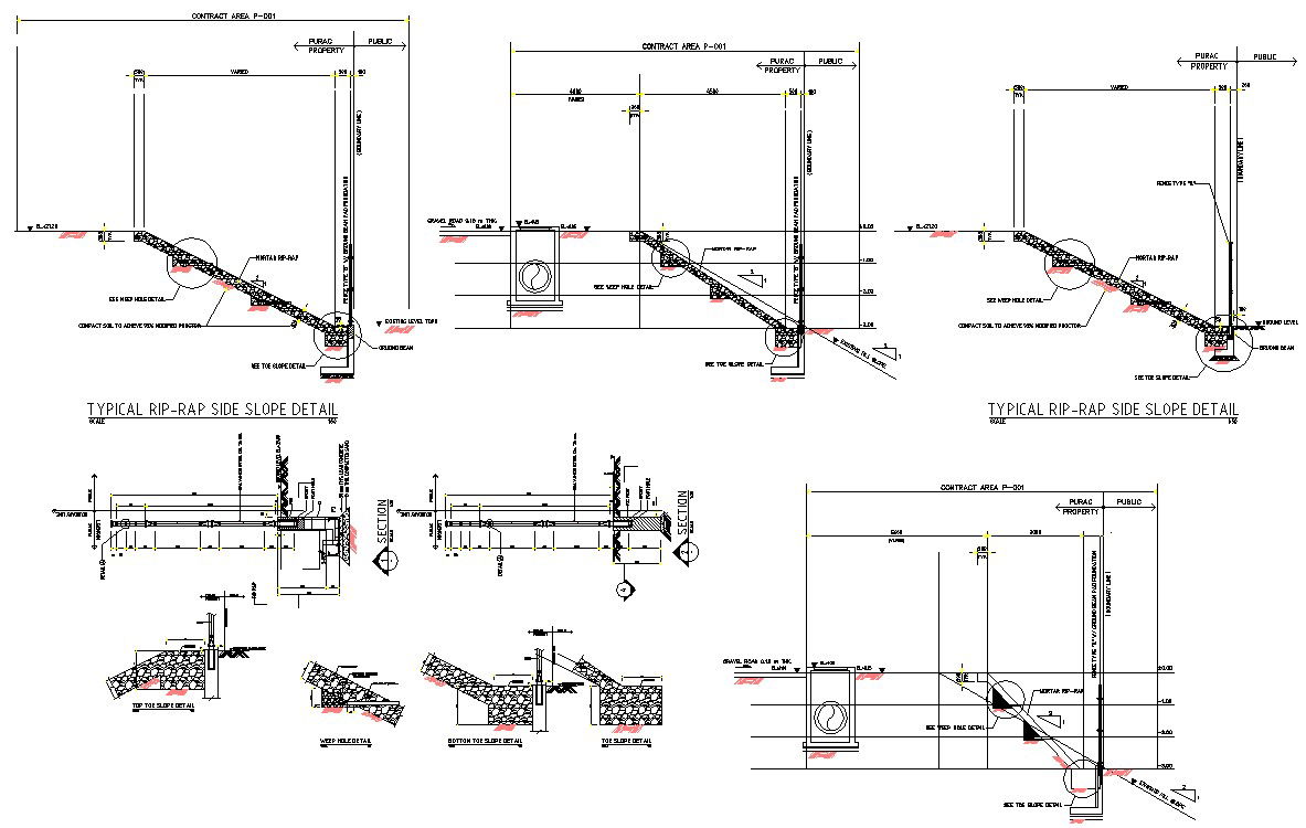 AutoCAD 2D file shows the Details of the typical rip rap slope Sectional detailsDownload the AutoCAD DWG file.