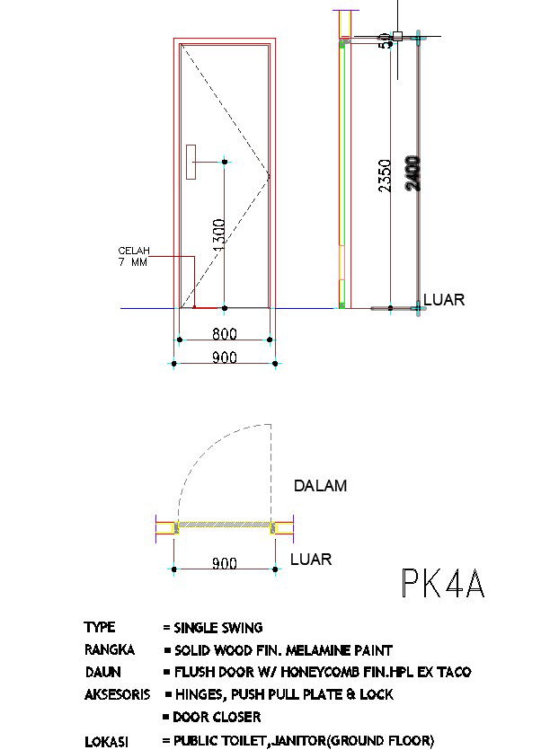 AutoCAD 2d drawing of 900×2400 sized single swing door, CAD file, dwg file