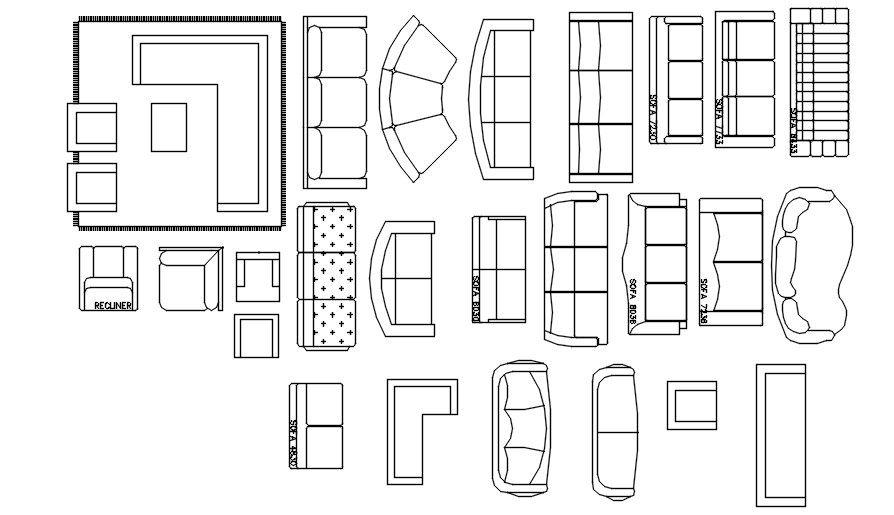 AutoCAD 2d living room sofa set layout in AutoCAD, dwg file.