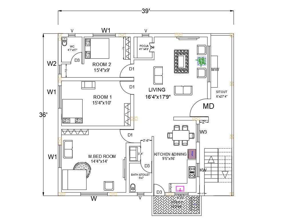 AutoCAD 3 BHK House Plan Drawing Download DWG File