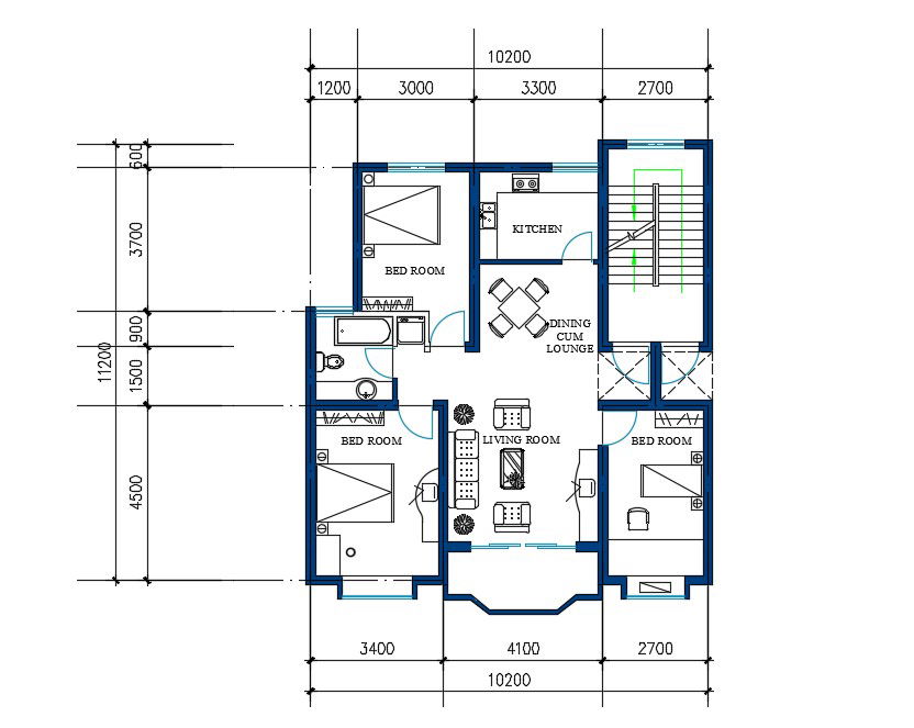 AutoCAD 3 Bedrooms House Layout Plan Drawing Download DWG File
