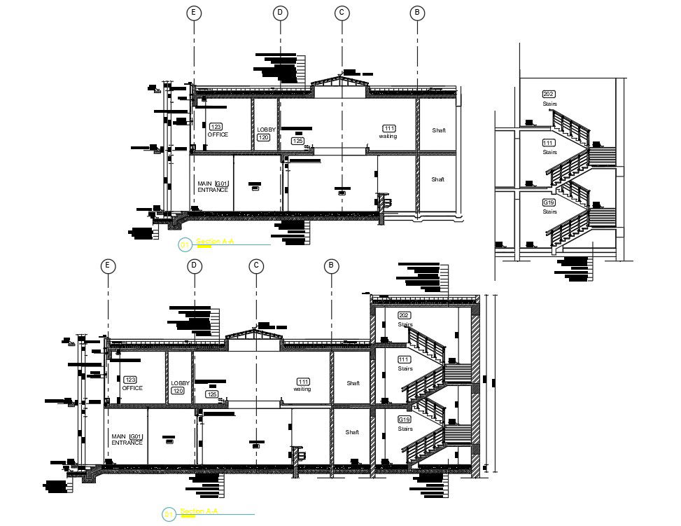 AutoCAD DWG 2D drawing of the G+1 building side elevation and section details. Download the AutoCAD DWG file.