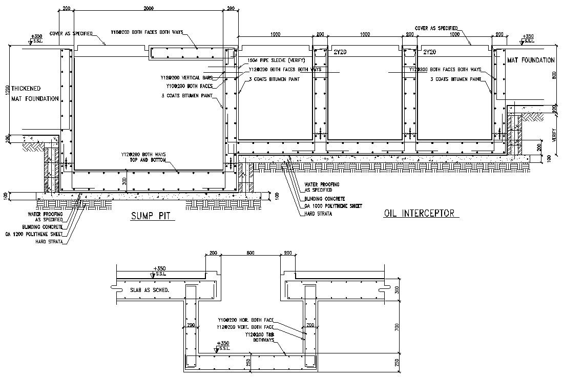 AutoCAD DWG 2D file of the Sump pit and oil interceptor reinforcement section details. Download the AutoCAD DWG file.