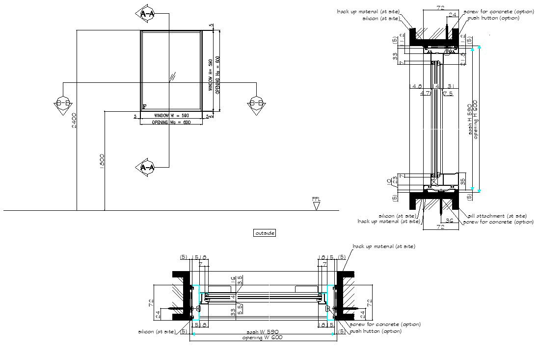Window section and elevation AutoCAD drawing with detailed layout