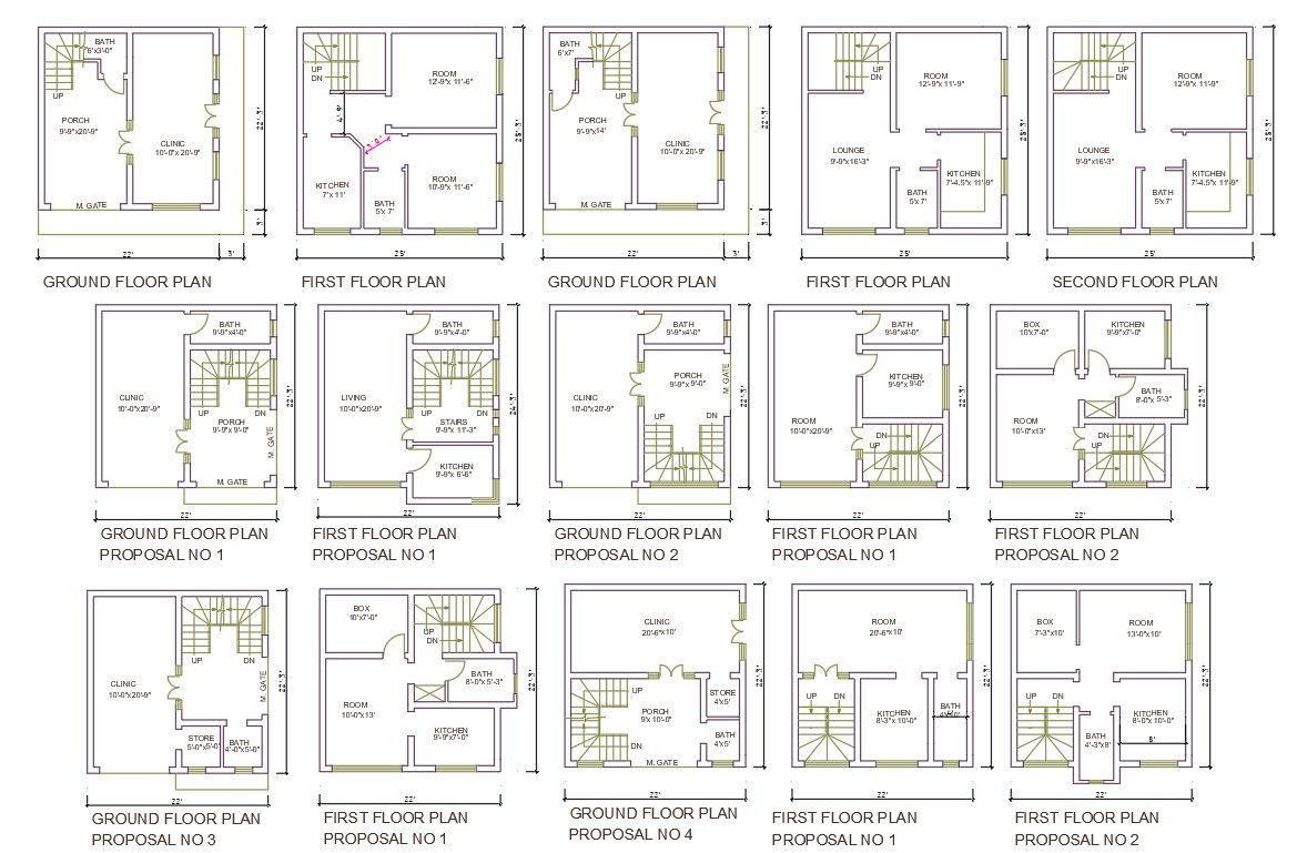 AutoCAD DWG 2D file shows 22'X22' seven different ideas of single BHK House floor plan ,Download the AutoCAD Drawing file.