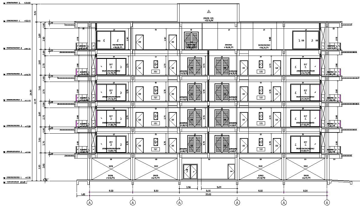AutoCAD DWG Drawing 2D file shows the Details of the G+5Apartment Building front Elevation design. Download the AutoCAD DWG file.