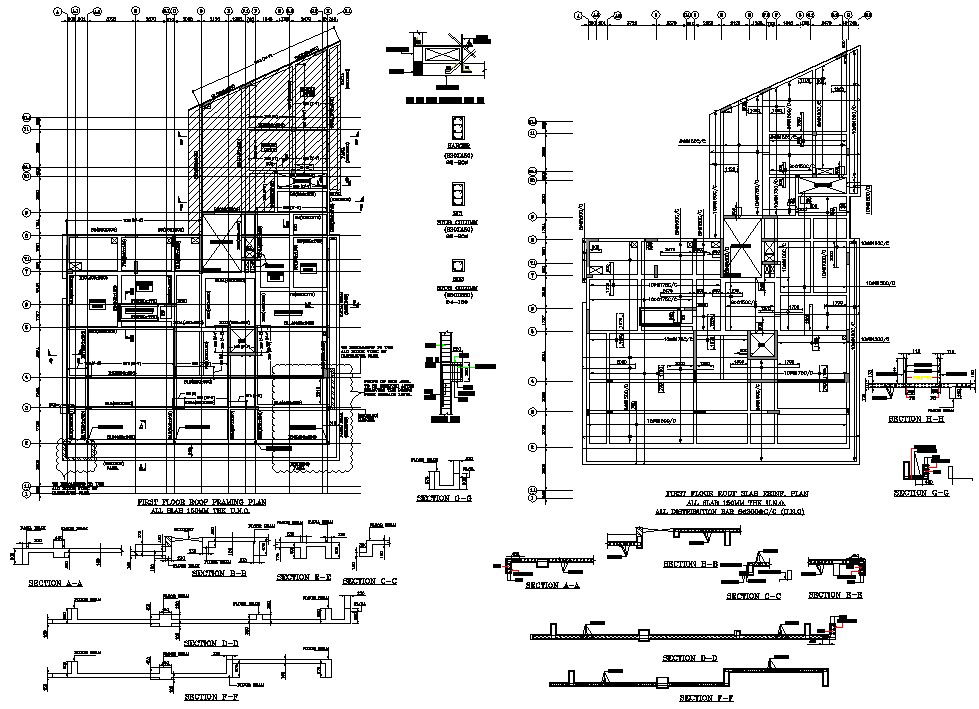 AutoCAD DWG Drawing file Shows the details of Residential house first-floor roof framing plan and slab section details.Download the DWG AutoCAD file.