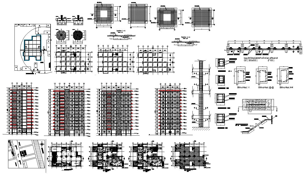 AutoCAD DWG Drawing file having the Section and elevation details of the High rise building. Download the AutoCAD DWG file.